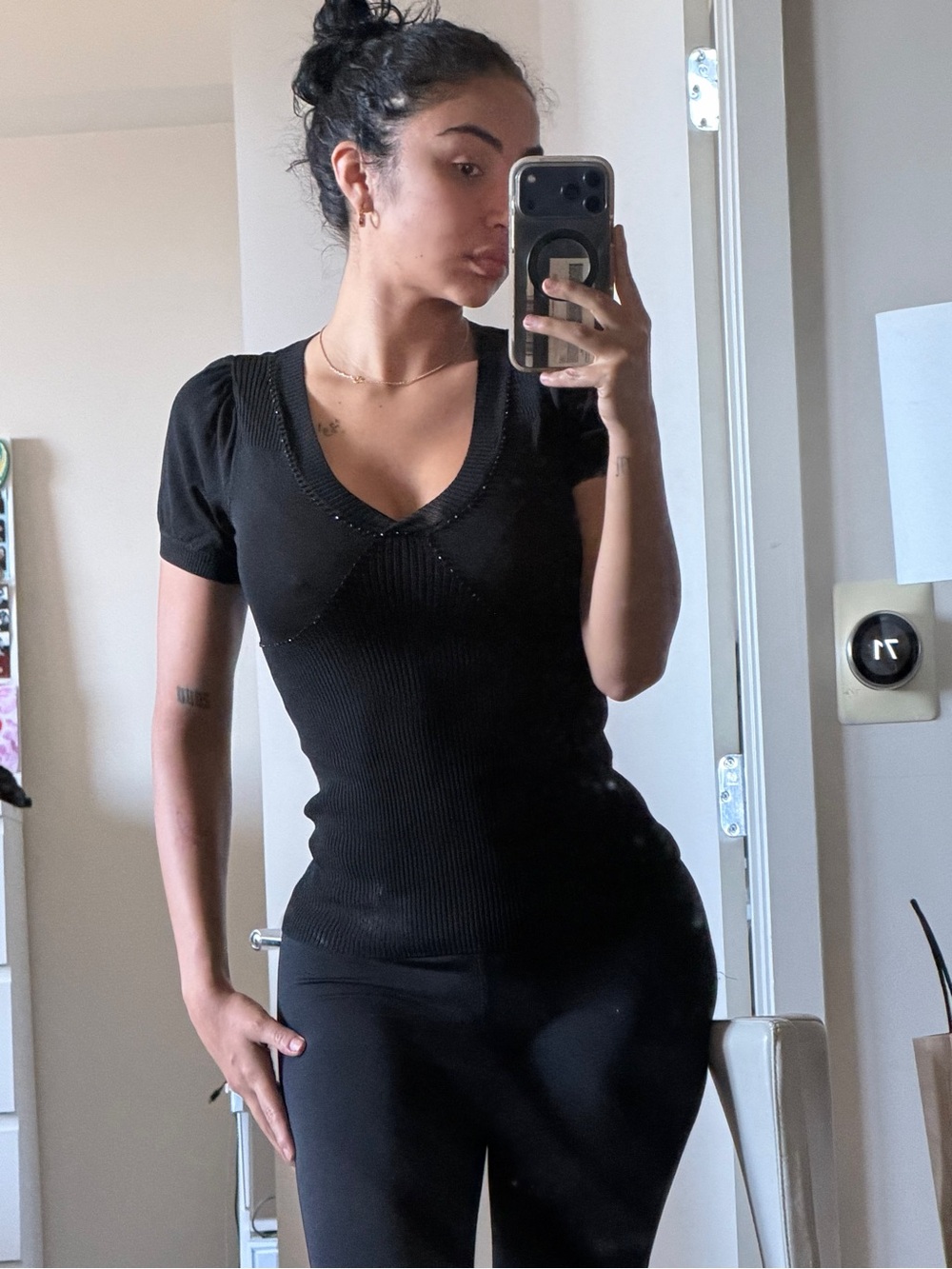 LOFT Black Ribbed V-Neck Short Sleeve Tee with Beaded Detail